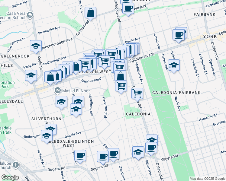 map of restaurants, bars, coffee shops, grocery stores, and more near 541 Blackthorn Avenue in Toronto