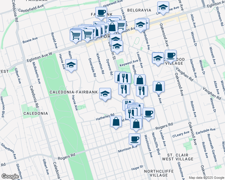 map of restaurants, bars, coffee shops, grocery stores, and more near 30 Preston Road in Toronto