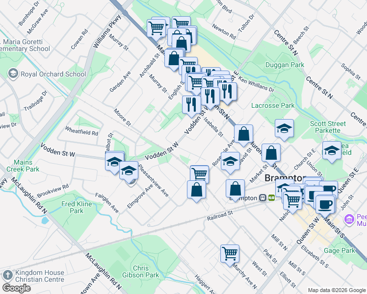 map of restaurants, bars, coffee shops, grocery stores, and more near 142 Mill Street North in Brampton