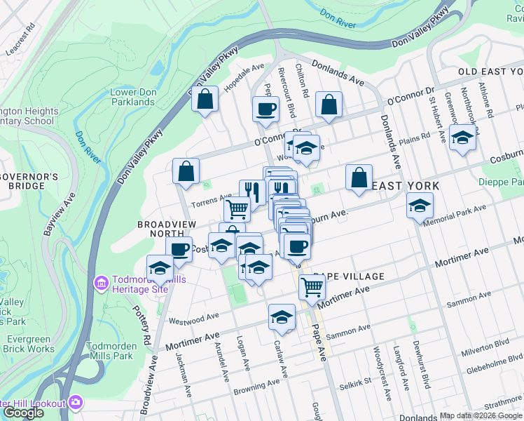 map of restaurants, bars, coffee shops, grocery stores, and more near Gamble Avenue in Toronto