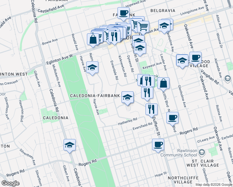 map of restaurants, bars, coffee shops, grocery stores, and more near in Toronto