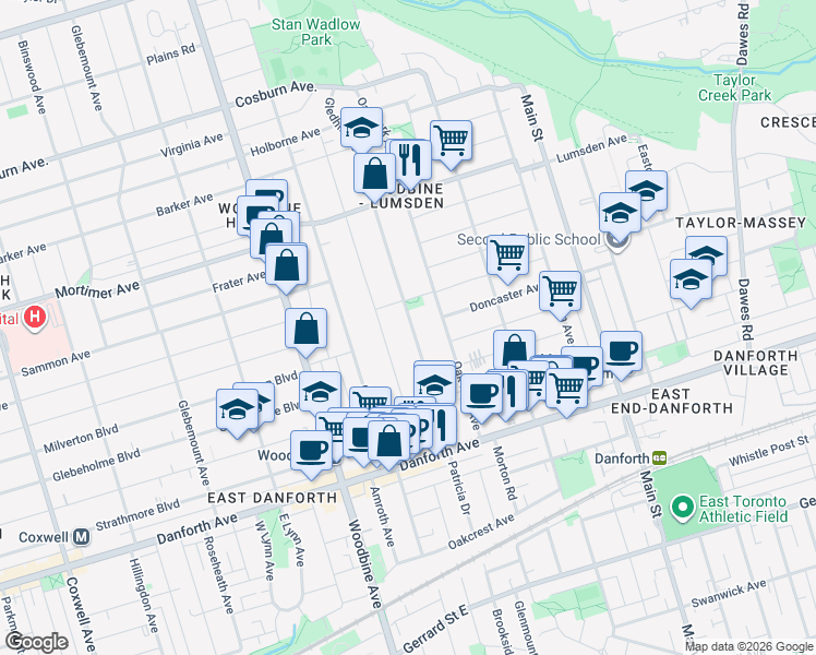 map of restaurants, bars, coffee shops, grocery stores, and more near 108 Gledhill Avenue in Toronto