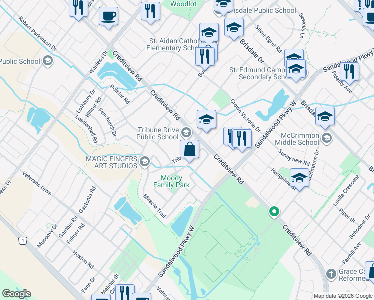map of restaurants, bars, coffee shops, grocery stores, and more near Tribune Drive in Brampton