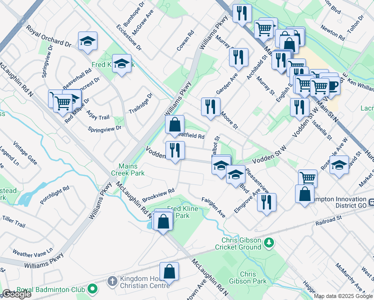 map of restaurants, bars, coffee shops, grocery stores, and more near 40 Martindale Crescent in Brampton