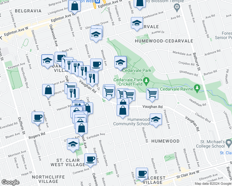 map of restaurants, bars, coffee shops, grocery stores, and more near 219 Winnett Avenue in Toronto