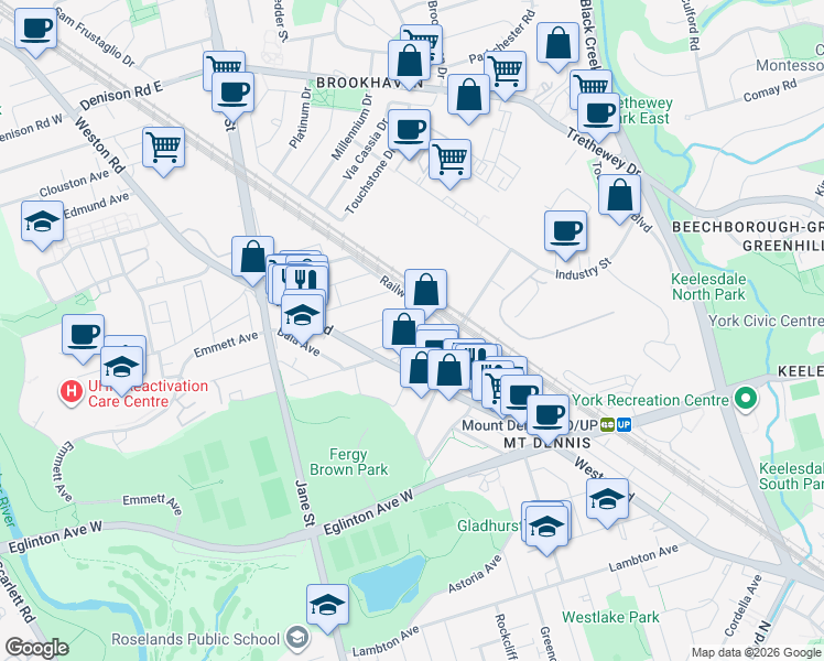 map of restaurants, bars, coffee shops, grocery stores, and more near 32 Victoria Boulevard in Toronto