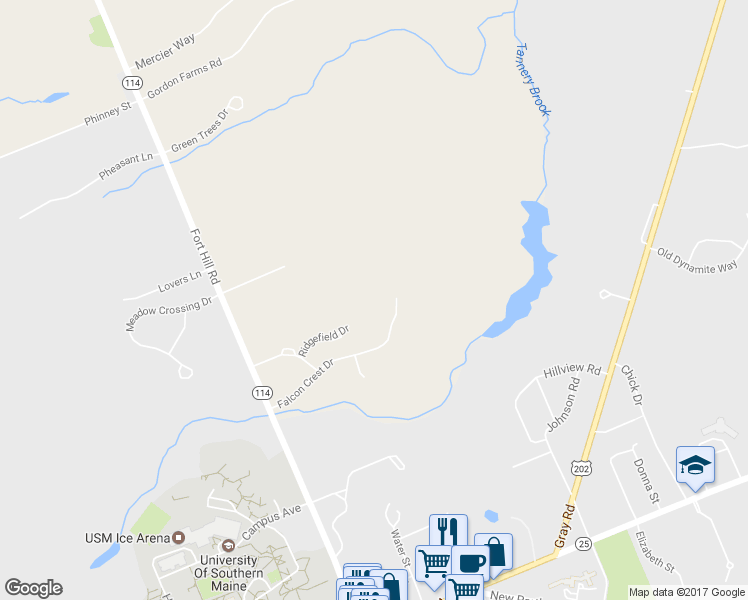 map of restaurants, bars, coffee shops, grocery stores, and more near 52 Ridgefield Drive in Gorham