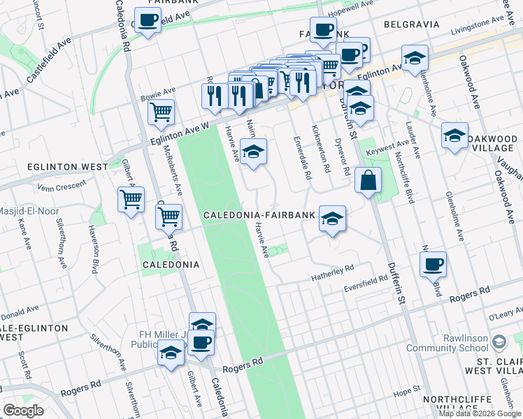 map of restaurants, bars, coffee shops, grocery stores, and more near 365 Harvie Avenue in Toronto