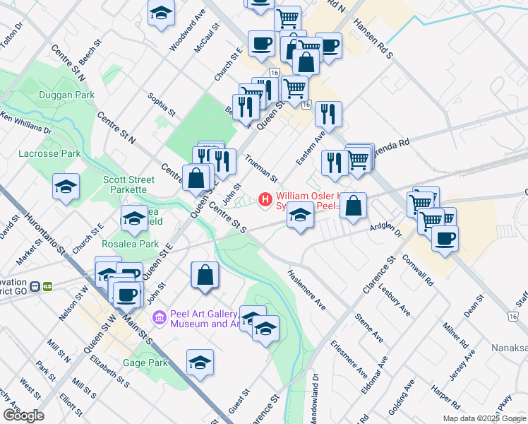 map of restaurants, bars, coffee shops, grocery stores, and more near 20 Lynch Street in Brampton