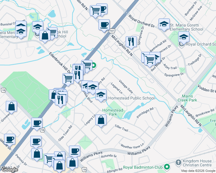 map of restaurants, bars, coffee shops, grocery stores, and more near 70 Legend Lane in Brampton