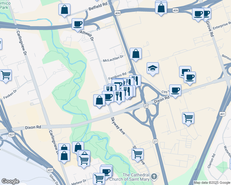 map of restaurants, bars, coffee shops, grocery stores, and more near 10 Carlson Court in Toronto