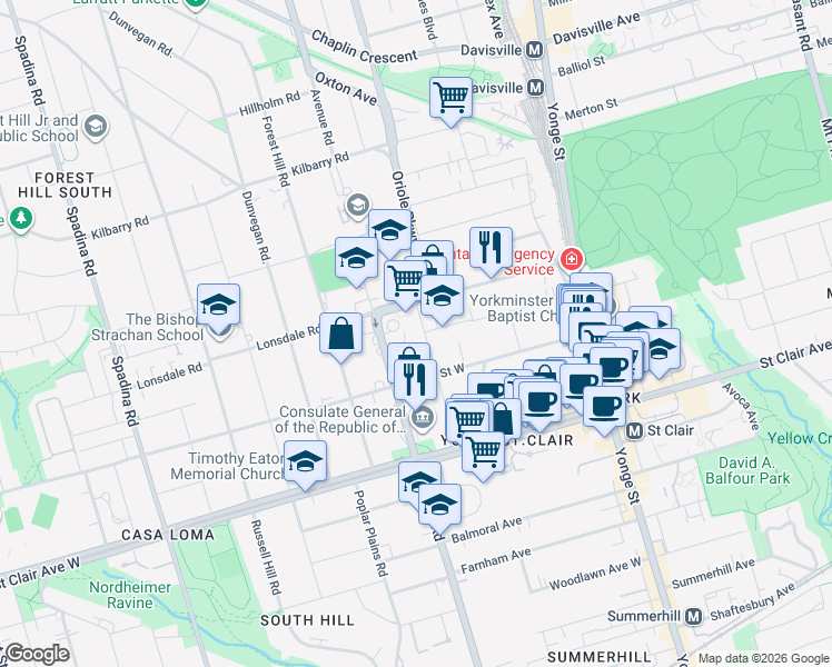 map of restaurants, bars, coffee shops, grocery stores, and more near 82 Oriole Road in Toronto