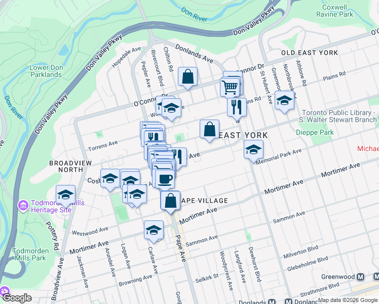 map of restaurants, bars, coffee shops, grocery stores, and more near 150 Cosburn Avenue in Toronto
