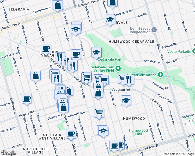 map of restaurants, bars, coffee shops, grocery stores, and more near 428 Arlington Avenue in Toronto