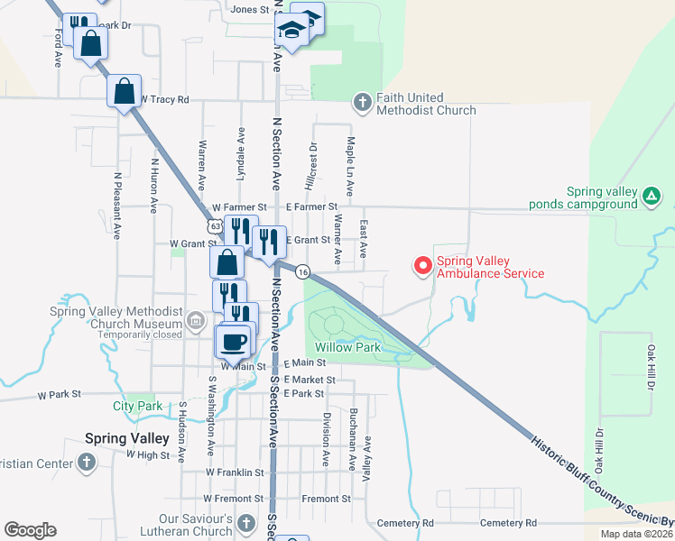 map of restaurants, bars, coffee shops, grocery stores, and more near 304 Warner Avenue in Spring Valley