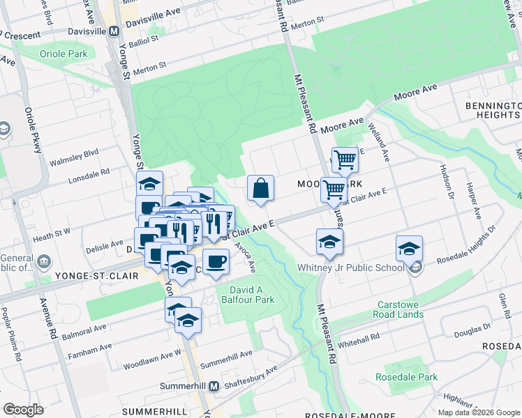 map of restaurants, bars, coffee shops, grocery stores, and more near 66 Inglewood Drive in Toronto