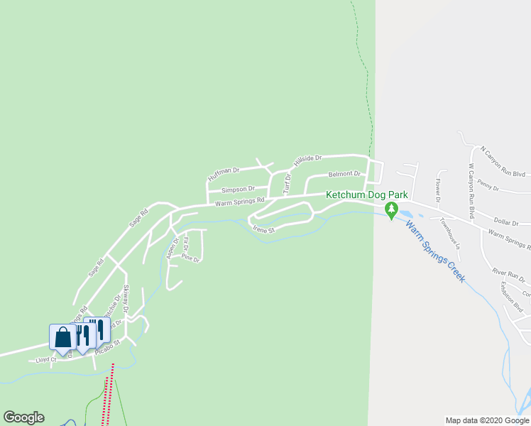 map of restaurants, bars, coffee shops, grocery stores, and more near 2321 Warm Springs Road in Ketchum