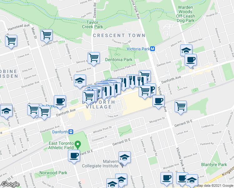 map of restaurants, bars, coffee shops, grocery stores, and more near in Toronto