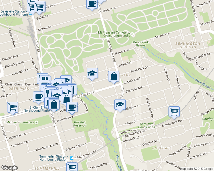 map of restaurants, bars, coffee shops, grocery stores, and more near 45 Rose Park Drive in Toronto