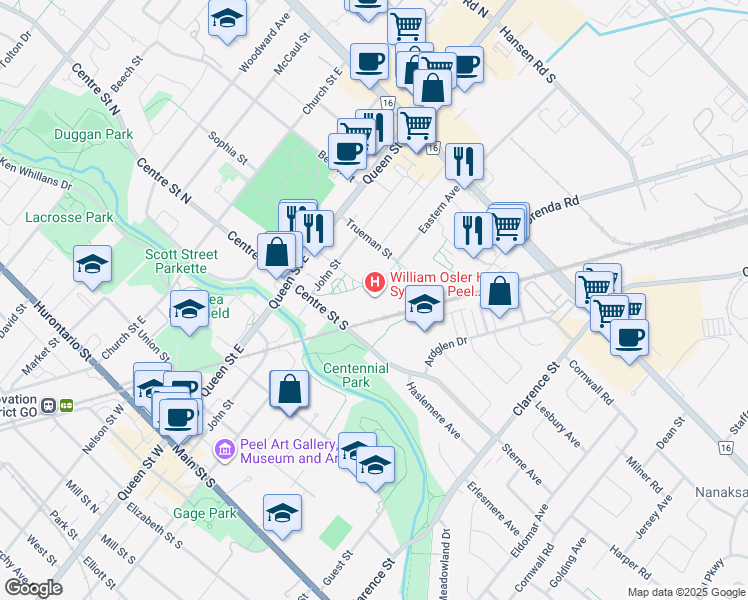 map of restaurants, bars, coffee shops, grocery stores, and more near 20 Lynch Street in Brampton