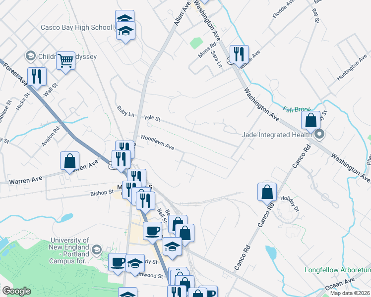 map of restaurants, bars, coffee shops, grocery stores, and more near 100 Woodlawn Avenue in Portland