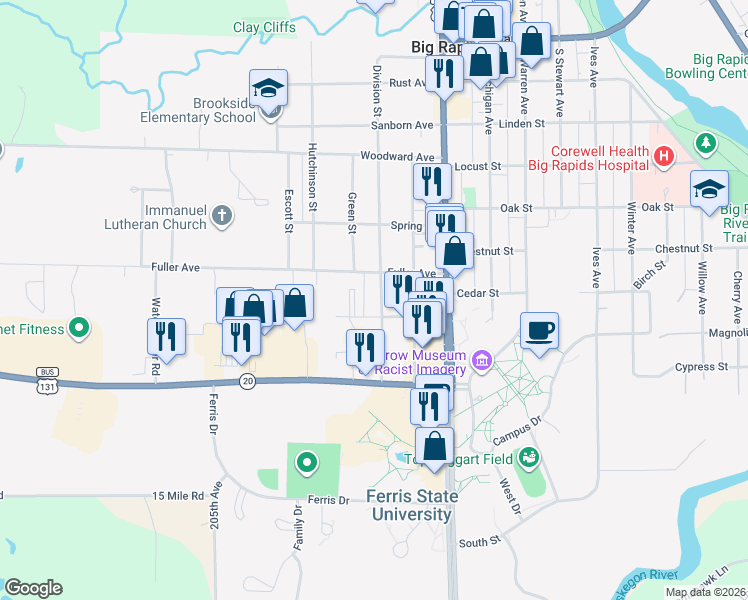 map of restaurants, bars, coffee shops, grocery stores, and more near 713 Division Street in Big Rapids