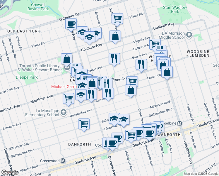 map of restaurants, bars, coffee shops, grocery stores, and more near 13 Knight Street in Toronto