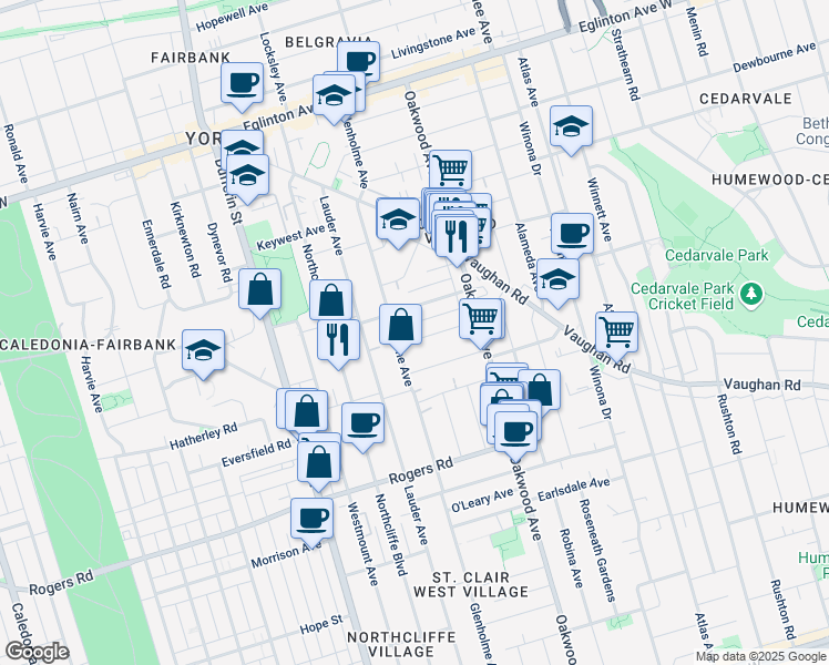 map of restaurants, bars, coffee shops, grocery stores, and more near in Toronto