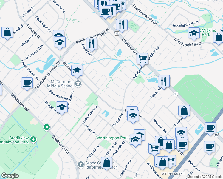 map of restaurants, bars, coffee shops, grocery stores, and more near 26 Fallstar Crescent in Brampton