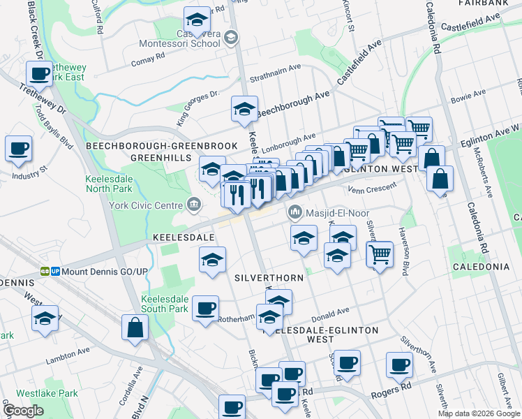 map of restaurants, bars, coffee shops, grocery stores, and more near 2597 Eglinton Avenue West in Toronto