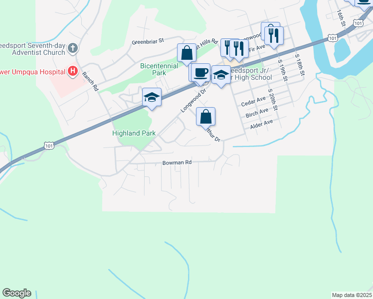 map of restaurants, bars, coffee shops, grocery stores, and more near 2620 Gardens Avenue in Reedsport