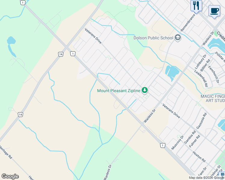 map of restaurants, bars, coffee shops, grocery stores, and more near 124 Benhurst Crescent in Brampton