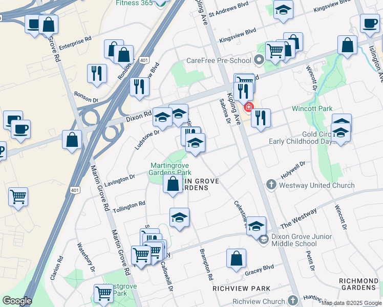 map of restaurants, bars, coffee shops, grocery stores, and more near 5 Lavington Drive in Toronto