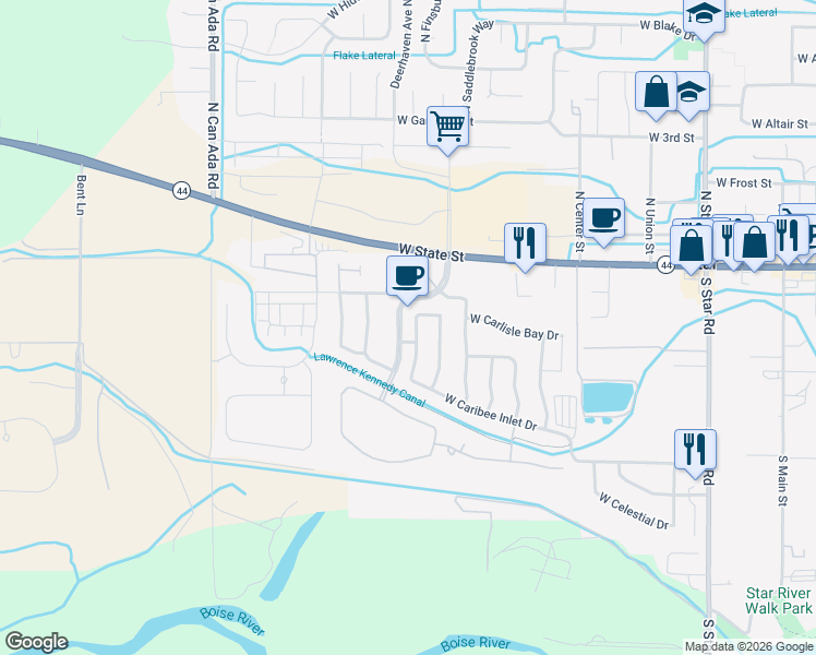 map of restaurants, bars, coffee shops, grocery stores, and more near 167 South Spring Lake Way in Star