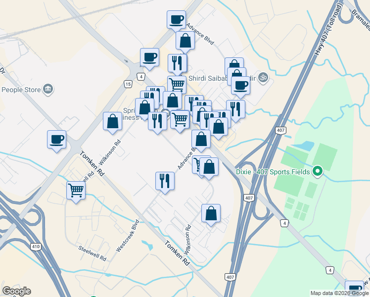 map of restaurants, bars, coffee shops, grocery stores, and more near 220 Advance Boulevard in Brampton