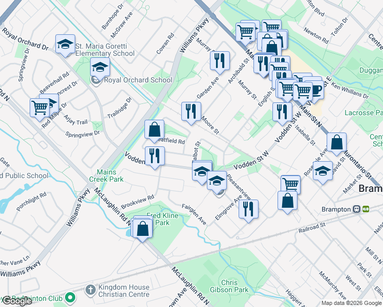 map of restaurants, bars, coffee shops, grocery stores, and more near in Brampton