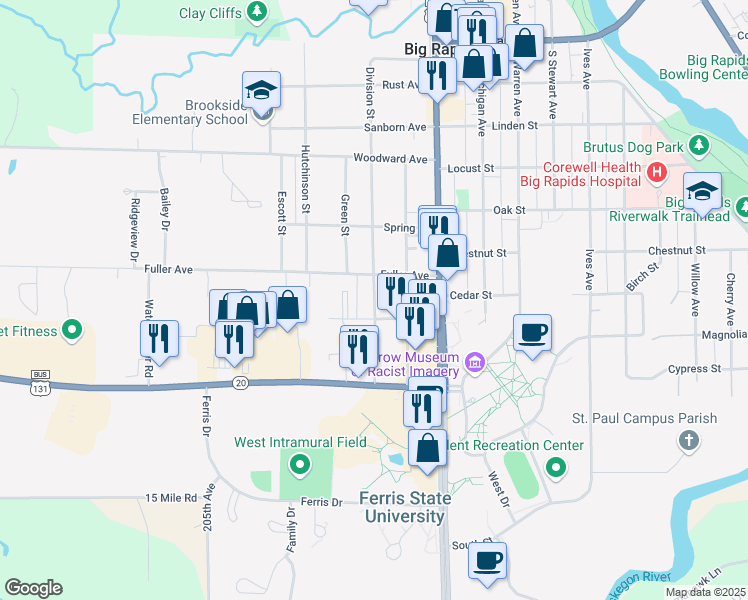 map of restaurants, bars, coffee shops, grocery stores, and more near 713 Division Street in Big Rapids