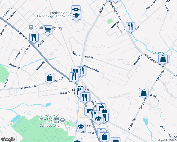 map of restaurants, bars, coffee shops, grocery stores, and more near 33 Woodlawn Avenue in Portland
