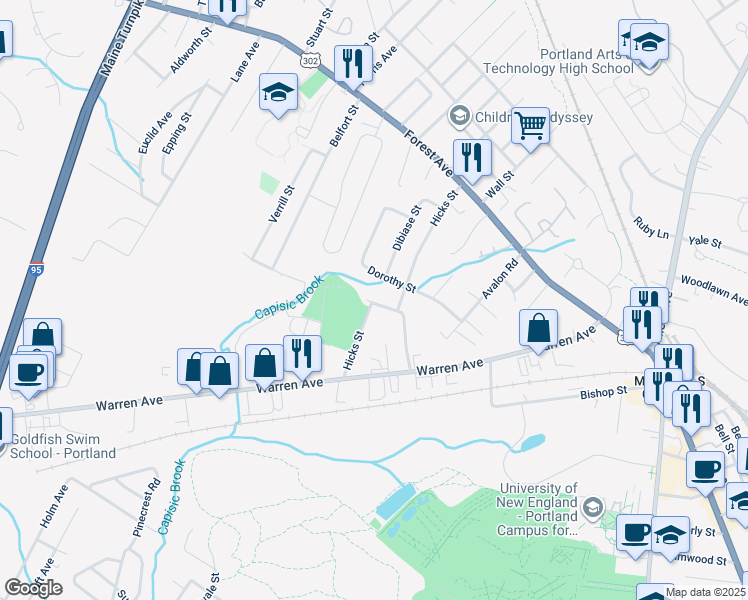 map of restaurants, bars, coffee shops, grocery stores, and more near 159 Hicks Street in Portland
