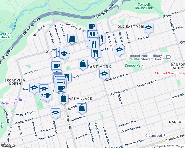 map of restaurants, bars, coffee shops, grocery stores, and more near in Toronto