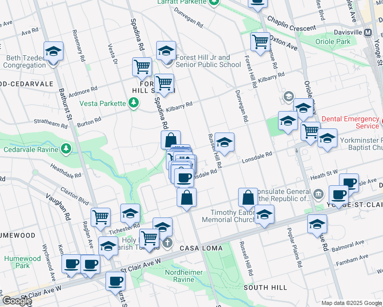 map of restaurants, bars, coffee shops, grocery stores, and more near in Toronto