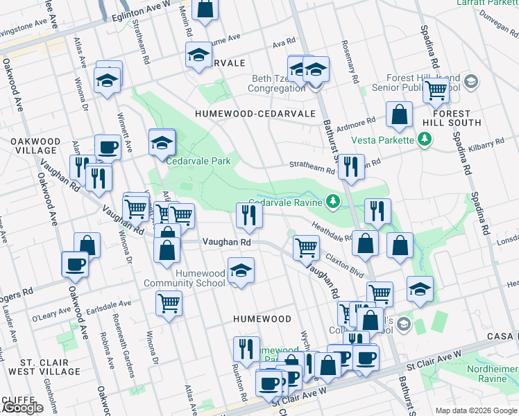 map of restaurants, bars, coffee shops, grocery stores, and more near in Toronto