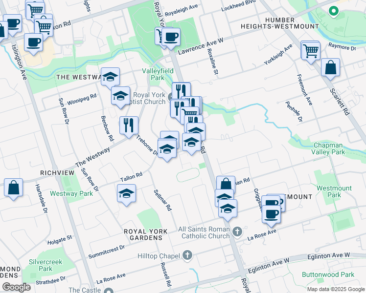 map of restaurants, bars, coffee shops, grocery stores, and more near in Toronto