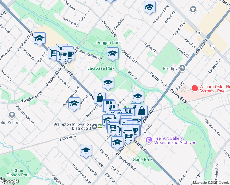 map of restaurants, bars, coffee shops, grocery stores, and more near 64 Union Street in Brampton