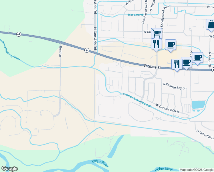 map of restaurants, bars, coffee shops, grocery stores, and more near 12667 West State Street in Star