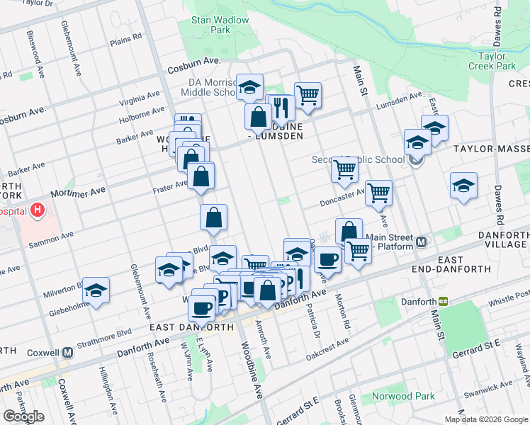 map of restaurants, bars, coffee shops, grocery stores, and more near 79 King Edward Avenue in Toronto