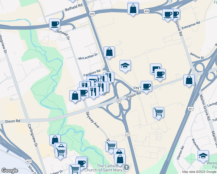 map of restaurants, bars, coffee shops, grocery stores, and more near 33 Carlson Court in Toronto