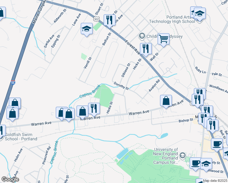 map of restaurants, bars, coffee shops, grocery stores, and more near 159 Hicks Street in Portland