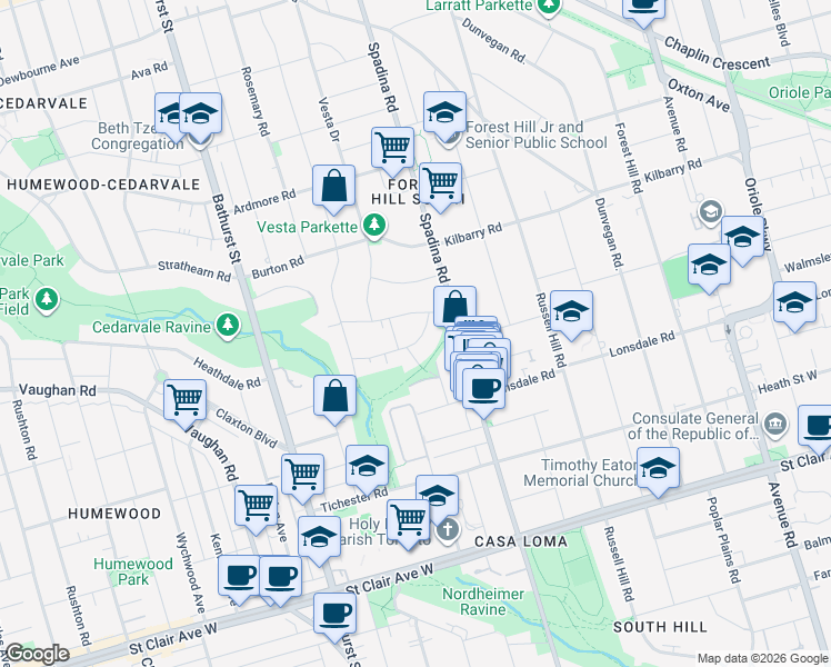 map of restaurants, bars, coffee shops, grocery stores, and more near 6 Millbank Avenue in Toronto
