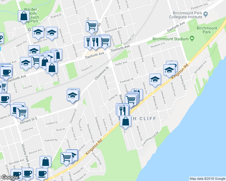 map of restaurants, bars, coffee shops, grocery stores, and more near 1 Ionson Boulevard in Toronto